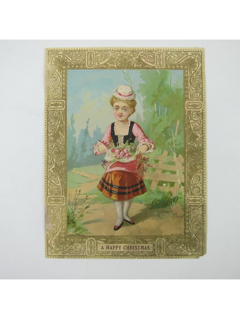 Victorian Christmas Card Girl Holds Pink Flowers Poem Embossed Marcus Ward & Co